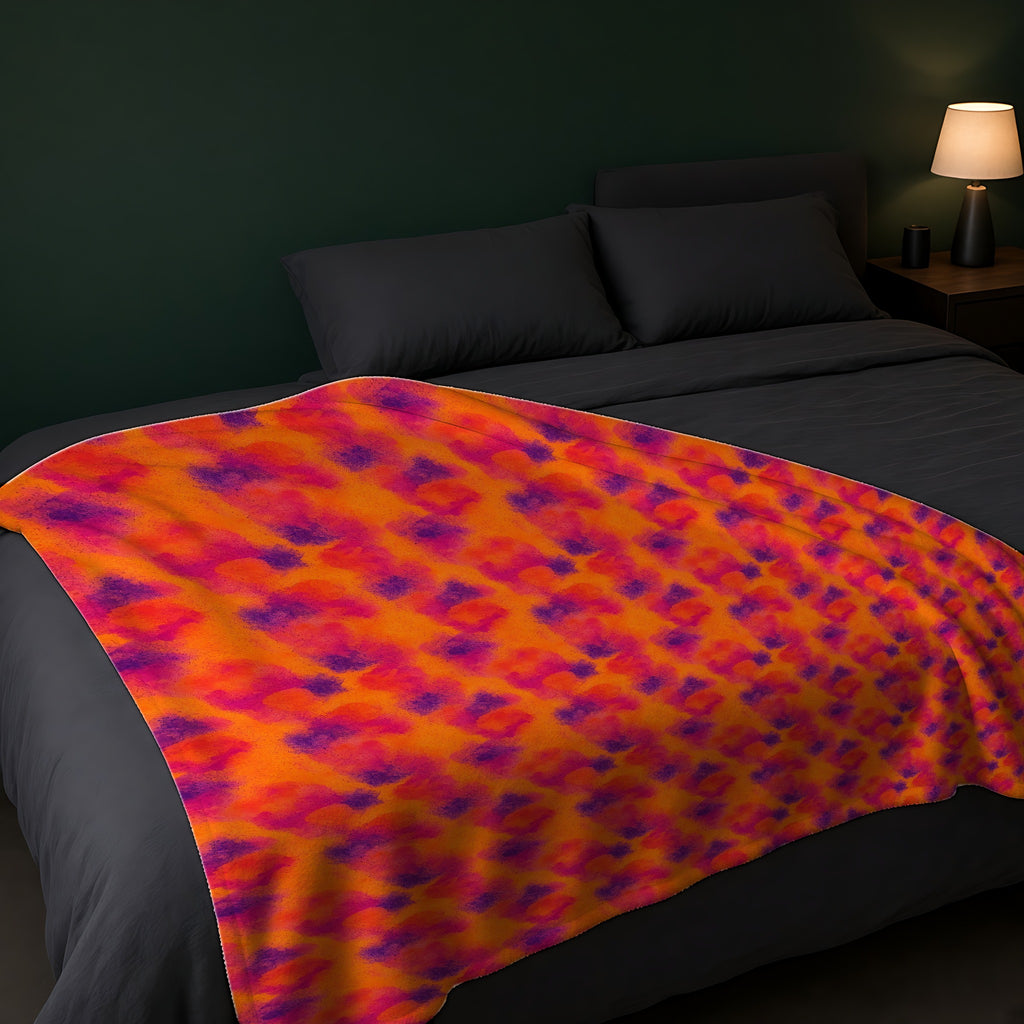 Granulated Colour Pools Sherpa Fleece Blanket across the foot of a dark bed