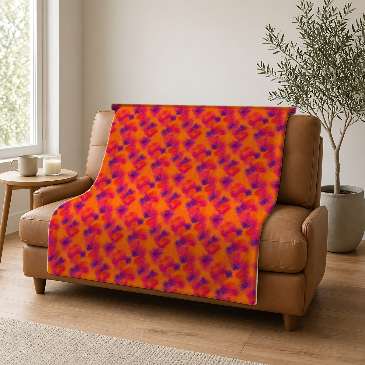 Granulated Colour Pools Sherpa Fleece Blanket draped over a caramel leather sofa