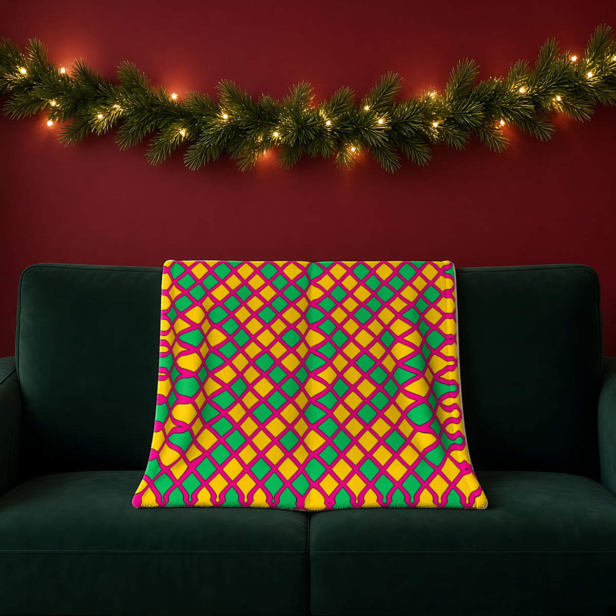 Harlequin Gold Grid sherpa fleece blanket in the Festive Jewel Bright palette, draped over a green sofa in a festive room with a garland and fairy lights