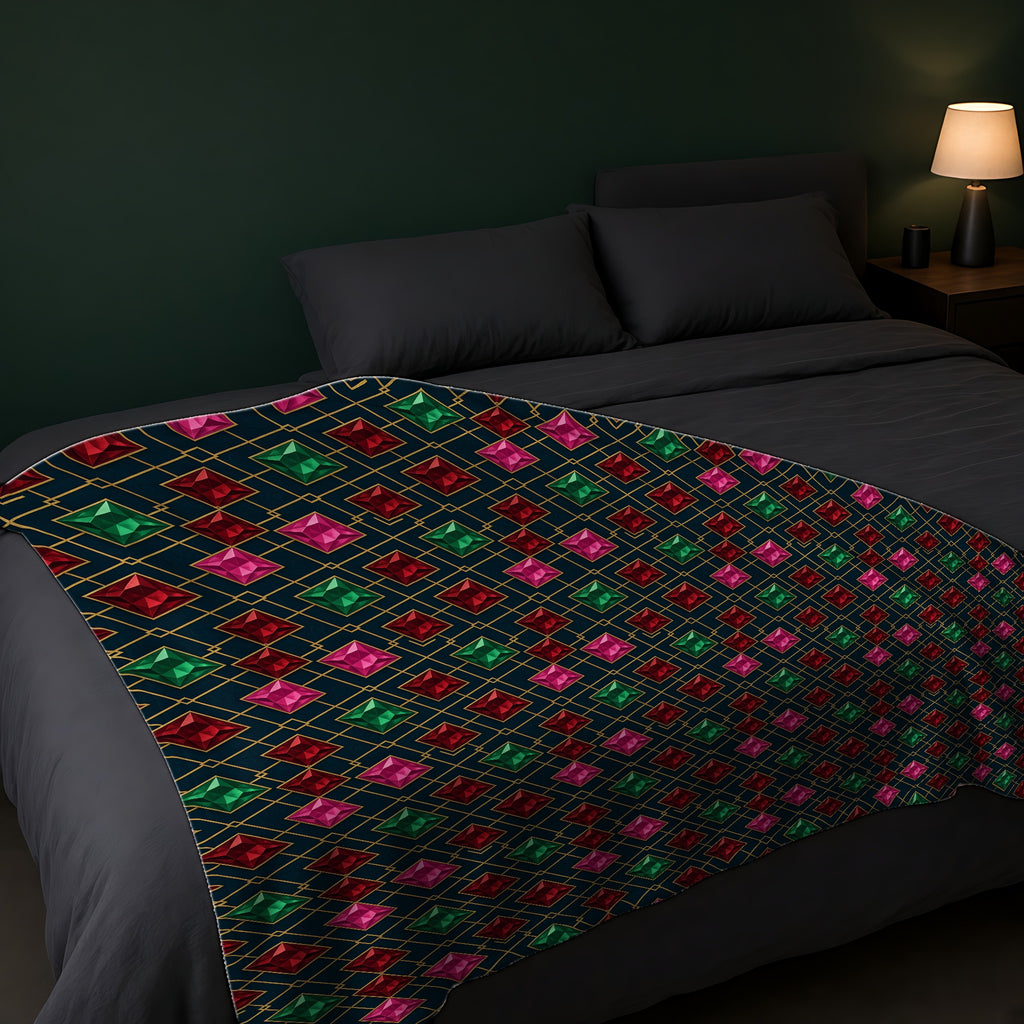 Jewel Argyle Sherpa Fleece Blanket across the foot of a dark bed