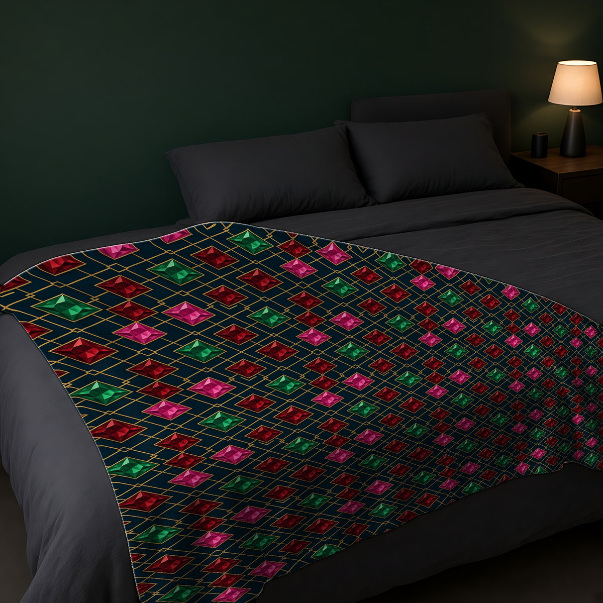 Jewel Argyle Sherpa Fleece Blanket across the foot of a dark bed
