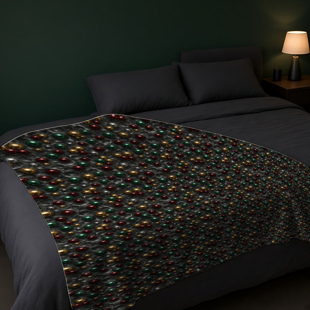 Jewel Bubble Clusters Sherpa Fleece Blanket across the foot of a dark bed