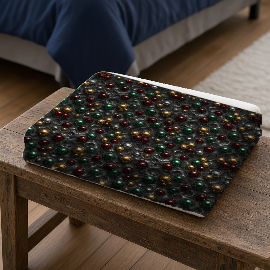 Jewel Bubble Clusters Sherpa Fleece Blanket folded on a wooden bench