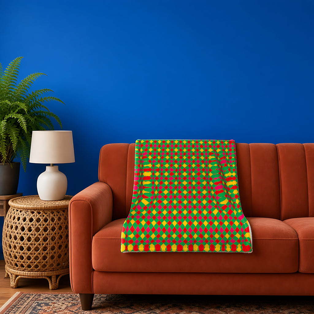 Jewel Harlequin Check sherpa fleece blanket in the Festive Jewel Bright palette, draped over a rust sofa against a cobalt wall