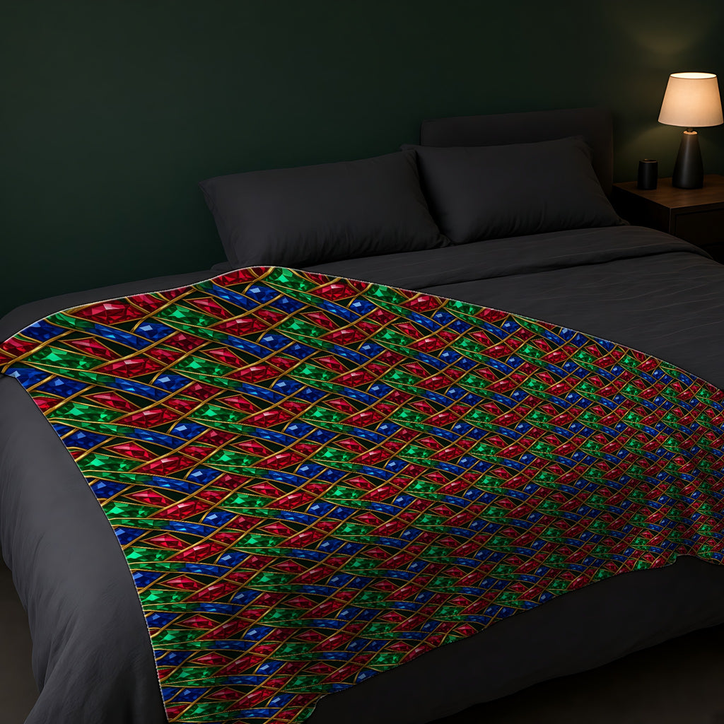 Jewel Prism Weave Sherpa Fleece Blanket across the foot of a dark bed
