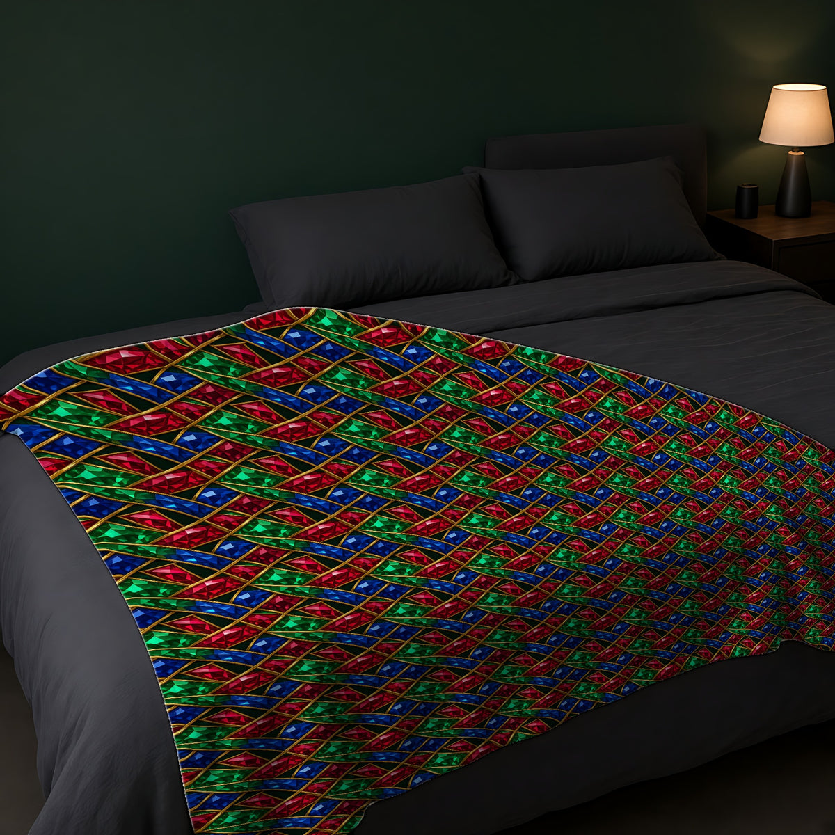 Jewel Prism Weave Sherpa Fleece Blanket across the foot of a dark bed