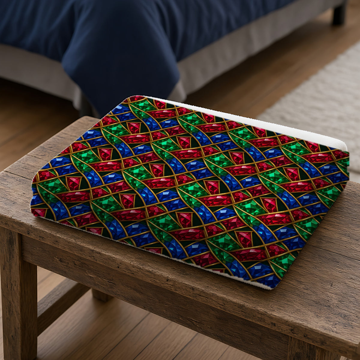 Jewel Prism Weave Sherpa Fleece Blanket folded on a wooden bench