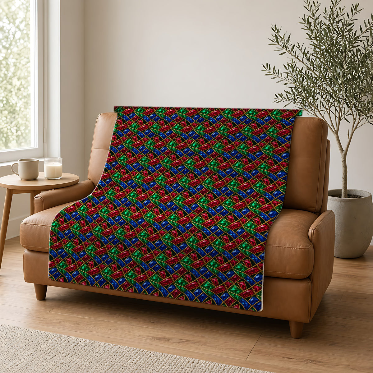 Jewel Prism Weave Sherpa Fleece Blanket draped over a caramel leather sofa