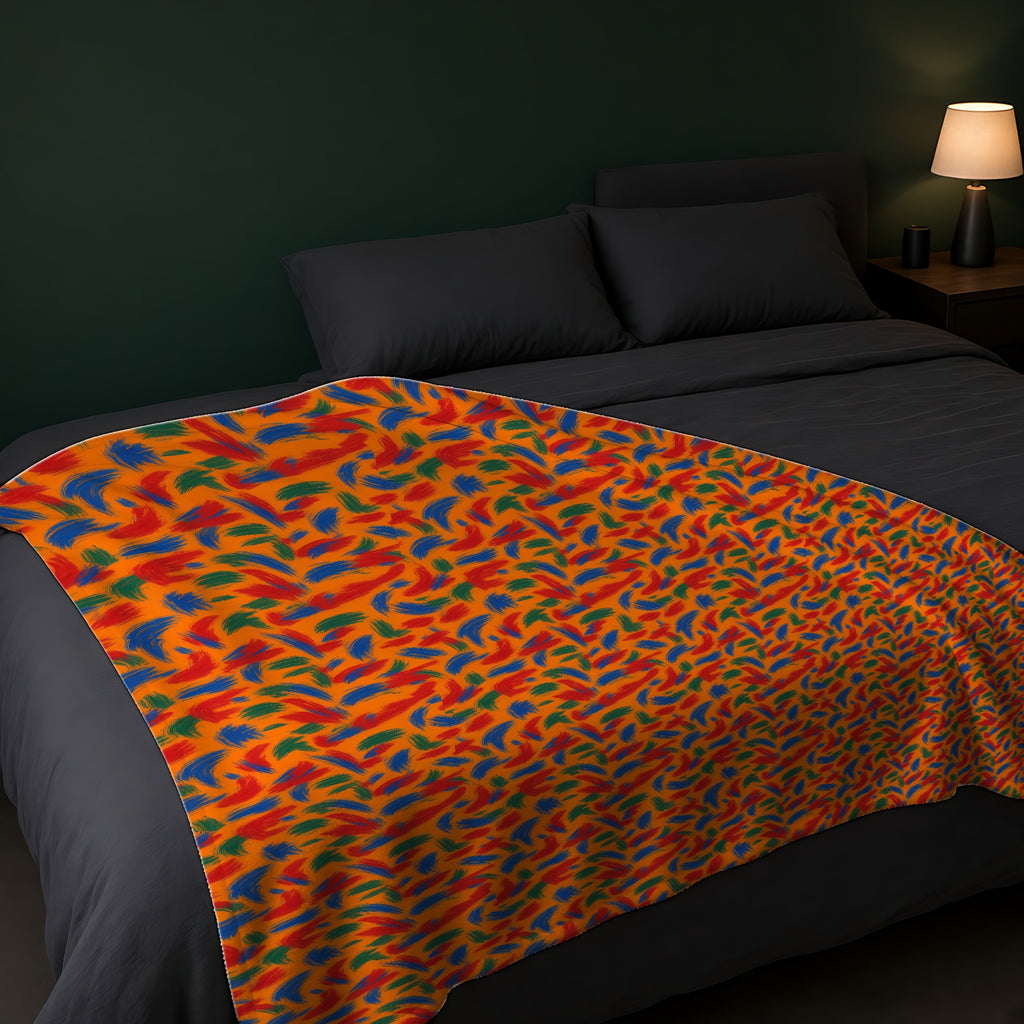 Layered Gesture Scribbles Sherpa Fleece Blanket across the foot of a dark bed