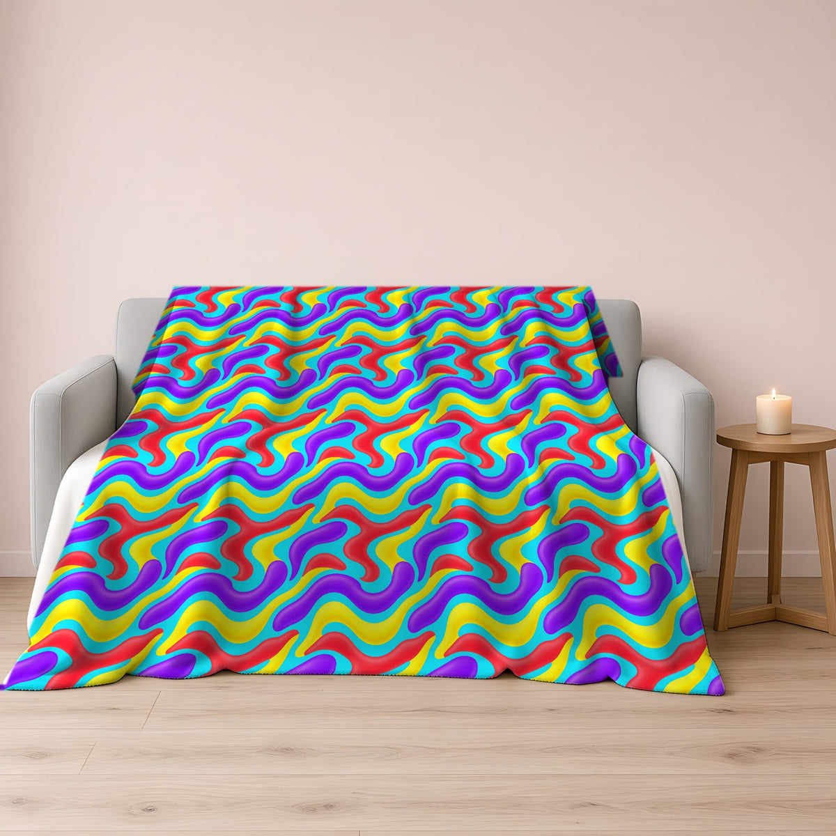 Liquid Band Ripple Sherpa Fleece Blanket draped over a grey sofa