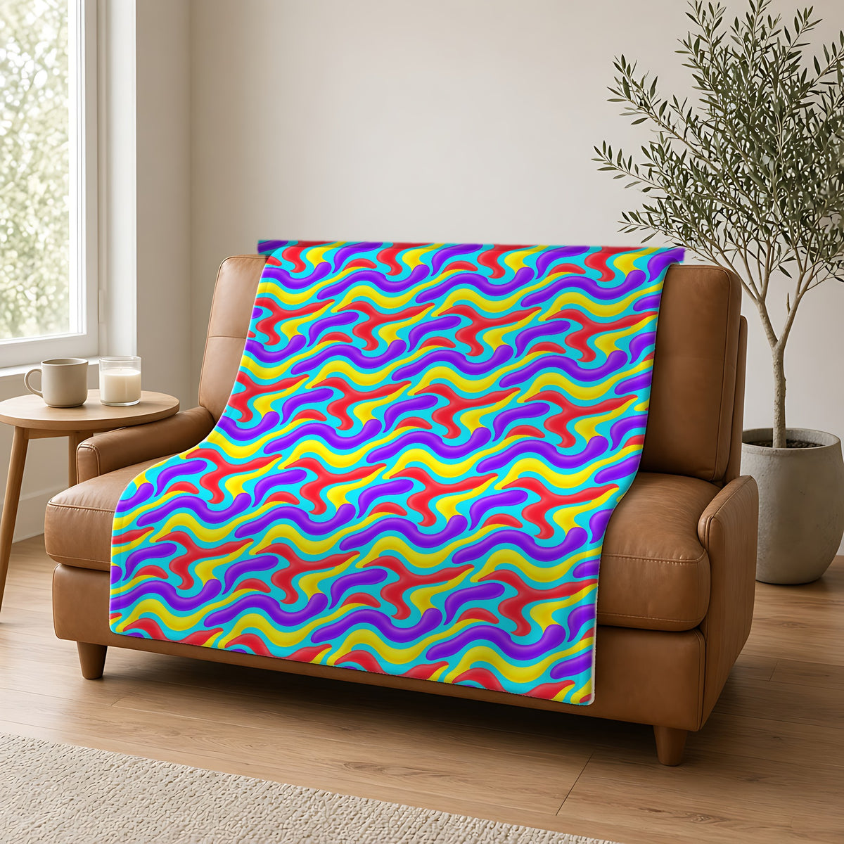 Liquid Band Ripple Sherpa Fleece Blanket draped over a caramel leather sofa