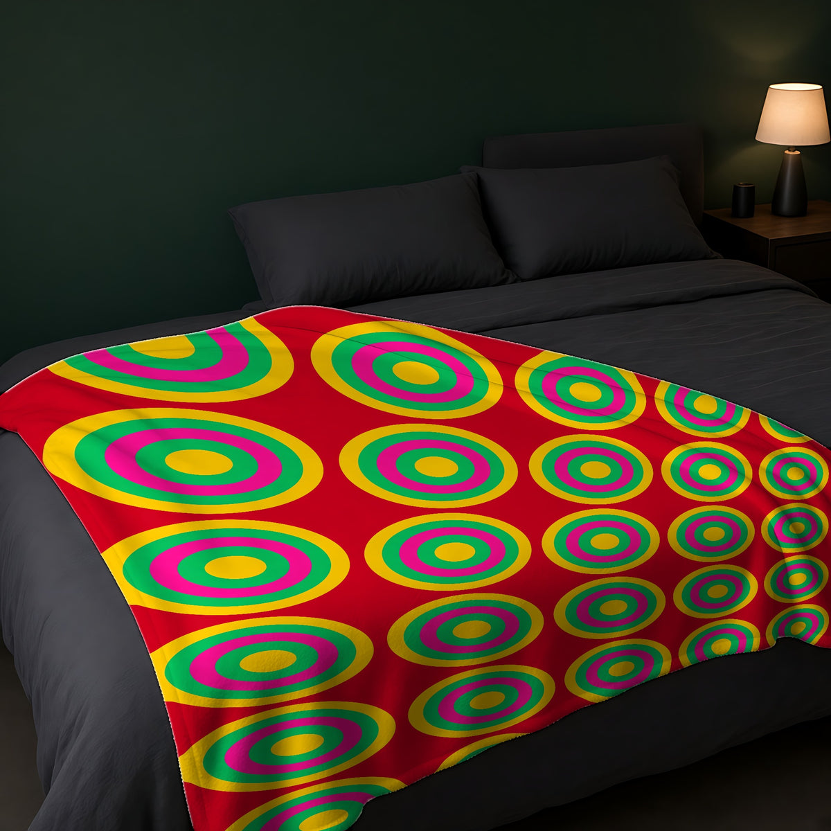 Mega Ring Grid Sherpa Fleece Blanket across the foot of a dark bed