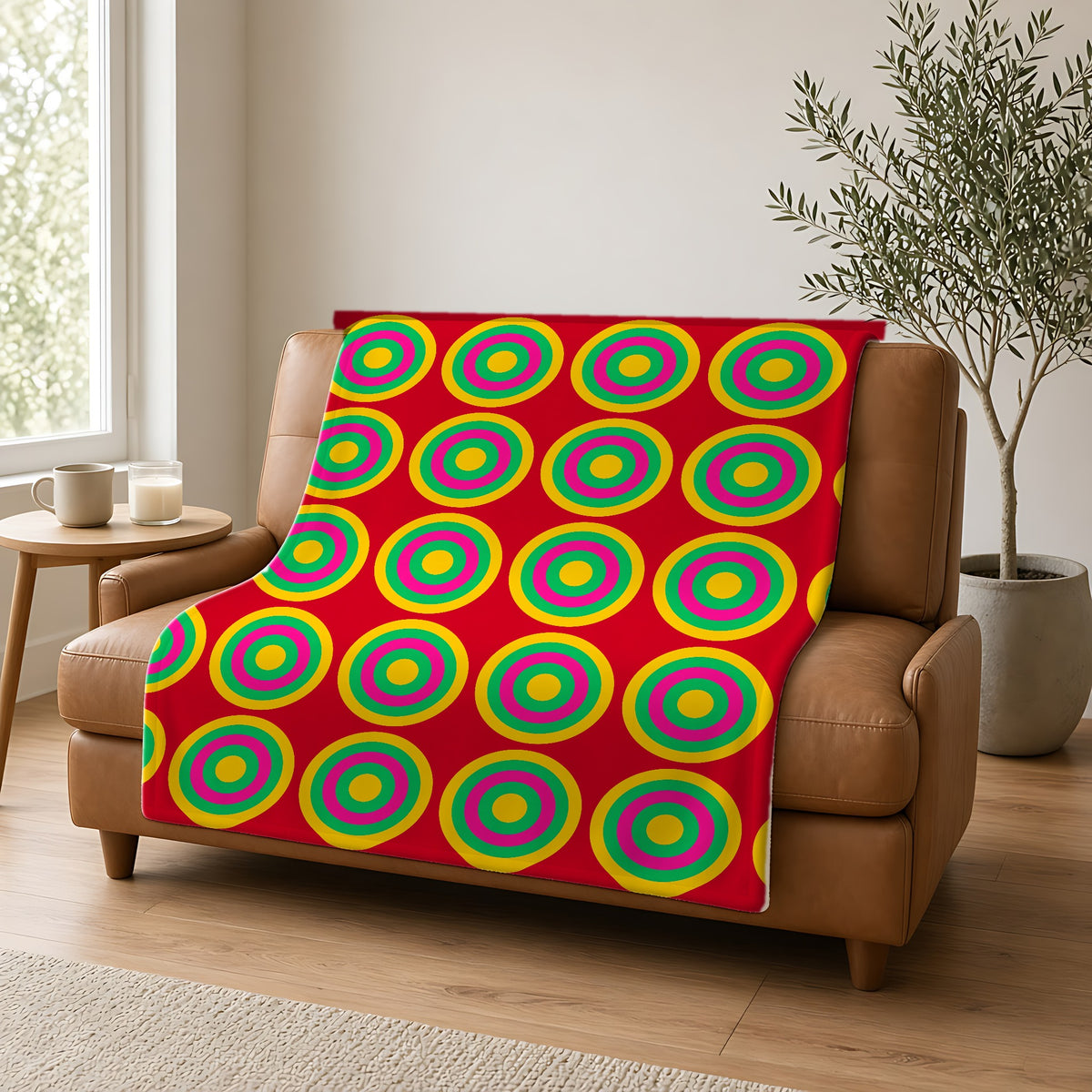 Mega Ring Grid Sherpa Fleece Blanket draped over a caramel leather sofa