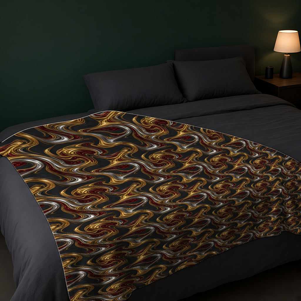 Melting Gold Ribbons Sherpa Fleece Blanket across the foot of a dark bed