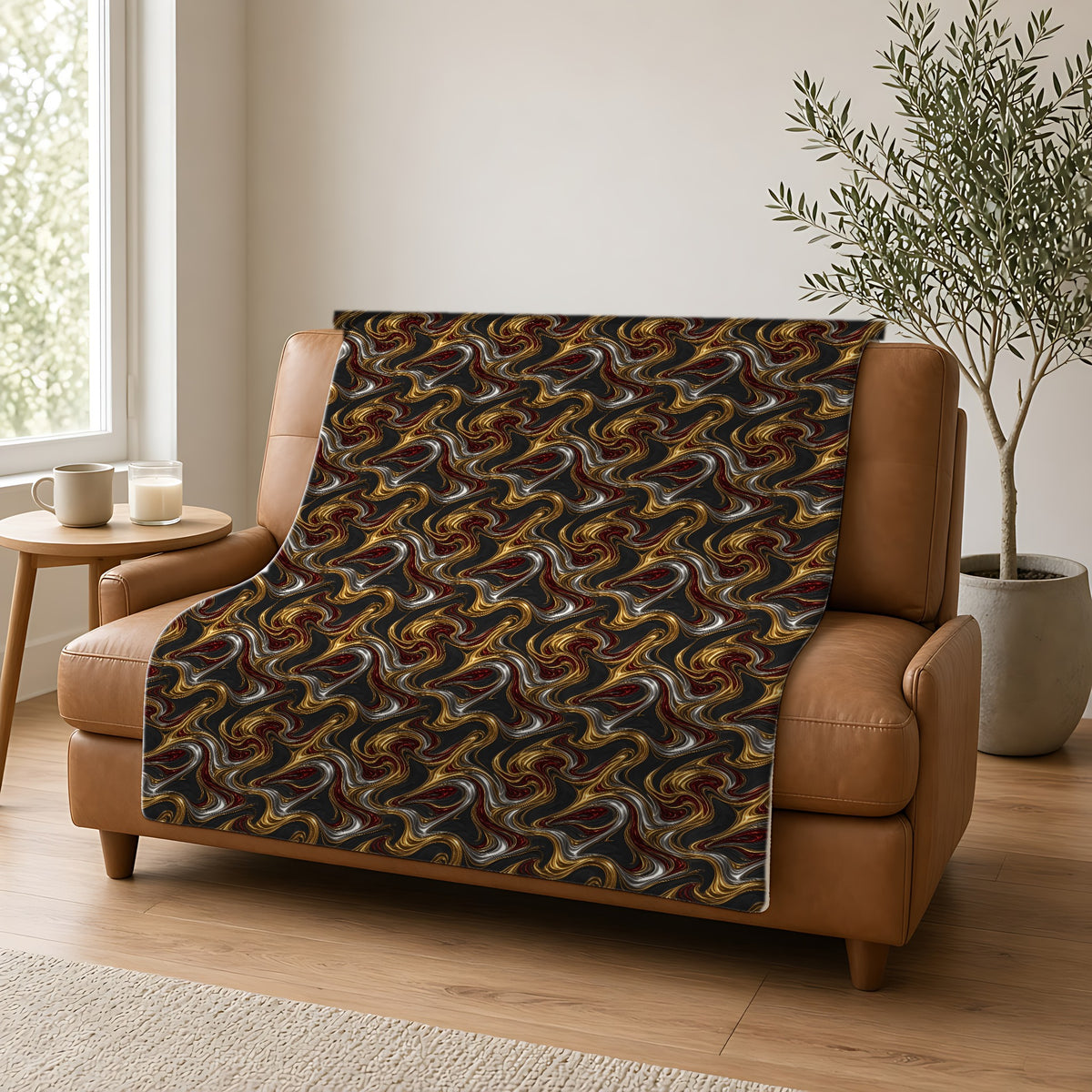Melting Gold Ribbons Sherpa Fleece Blanket draped over a caramel leather sofa