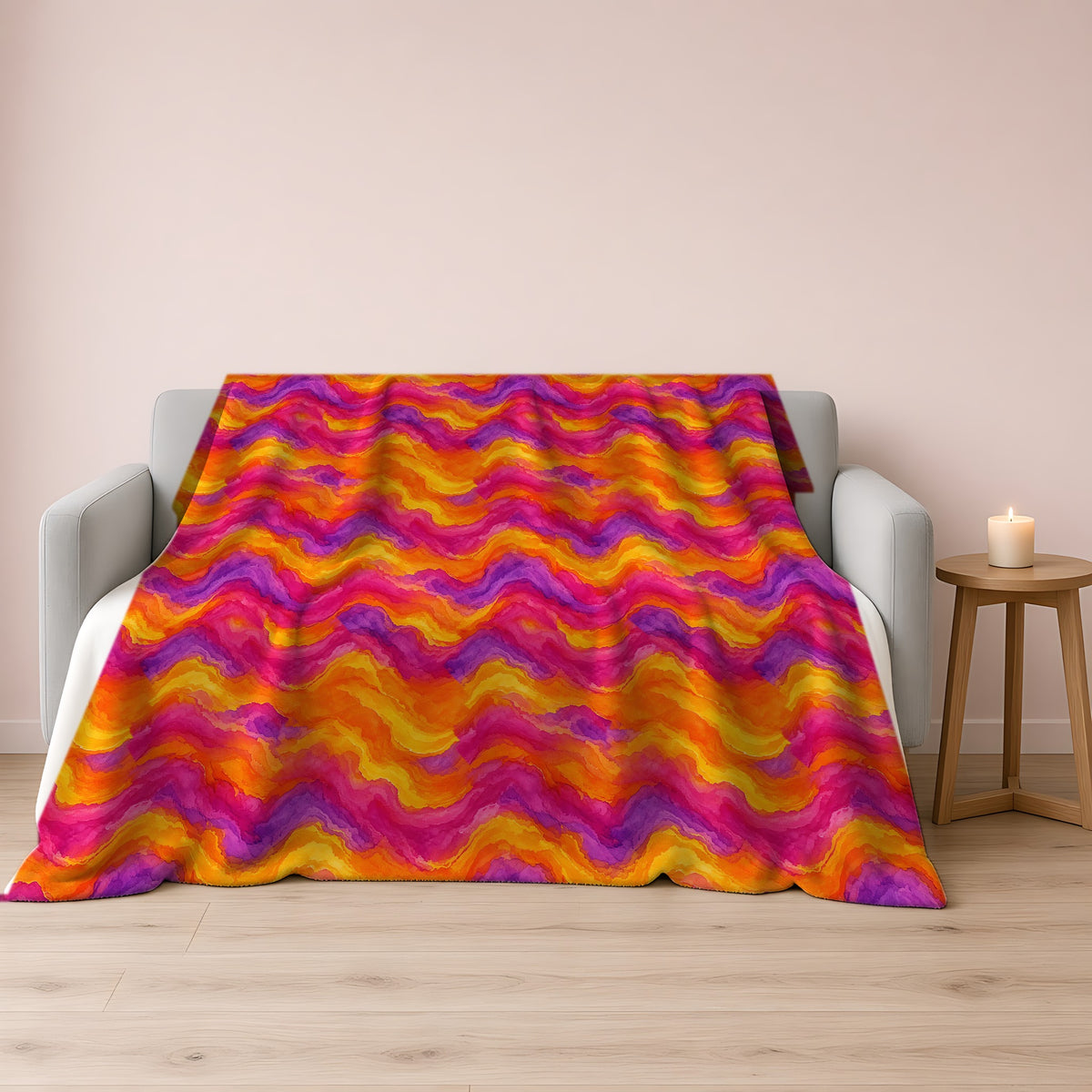 Ombre Wash Bands Sherpa Fleece Blanket draped over a grey sofa