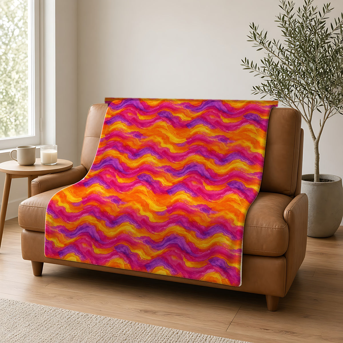 Ombre Wash Bands Sherpa Fleece Blanket draped over a caramel leather sofa