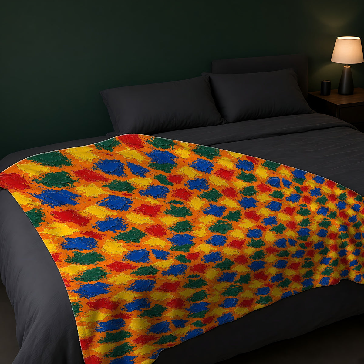 Palette Knife Slabs Sherpa Fleece Blanket across the foot of a dark bed
