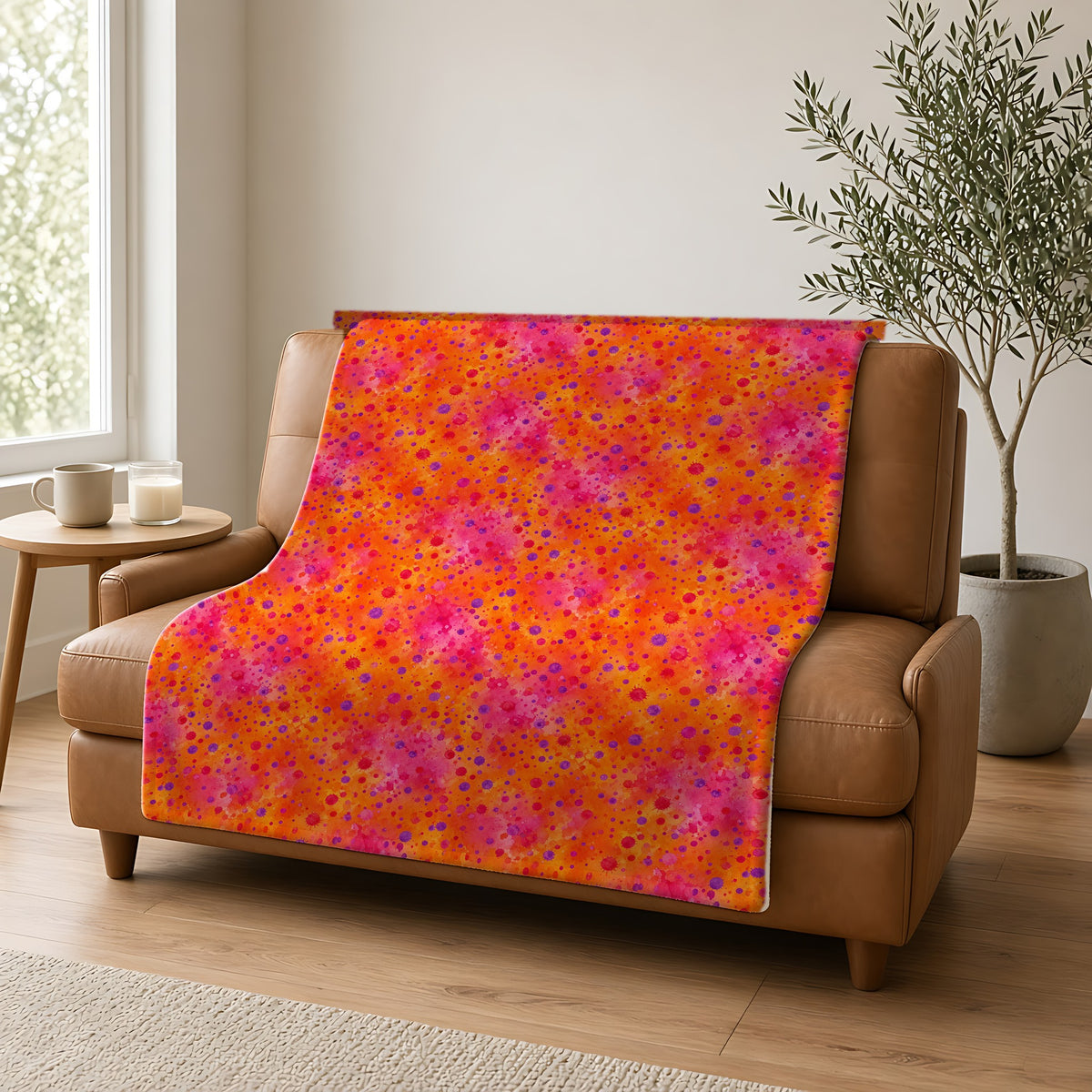 Pigment Dot Bleeds Sherpa Fleece Blanket draped over a caramel leather sofa