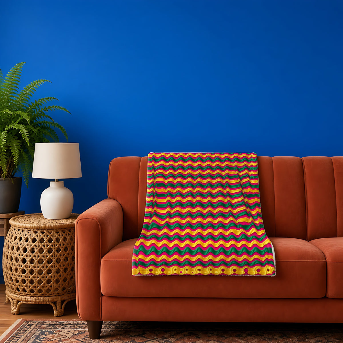 Satin Wave Bands sherpa fleece blanket in the Festive Jewel Bright palette, draped over a rust sofa against a cobalt wall