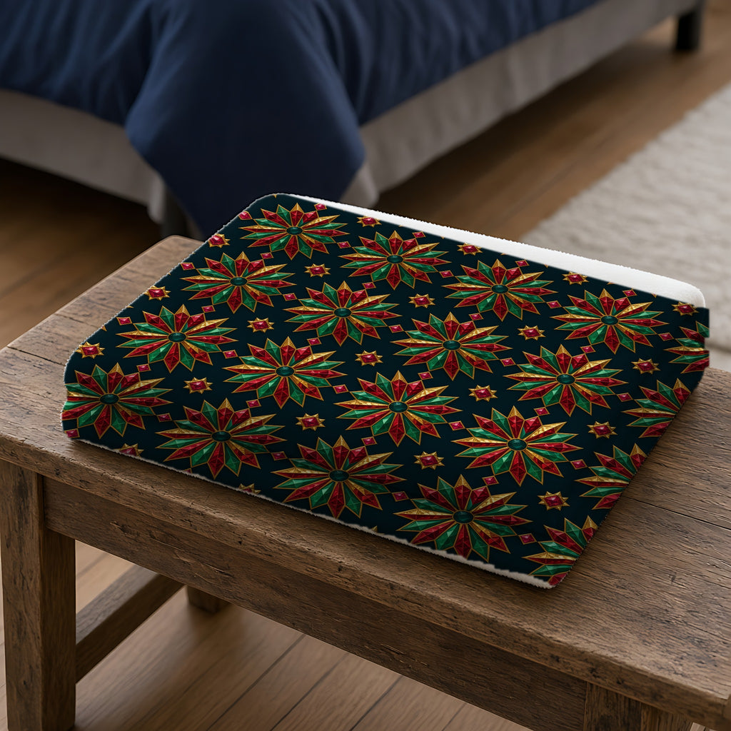 Starburst Medallions Sherpa Fleece Blanket folded on a wooden bench