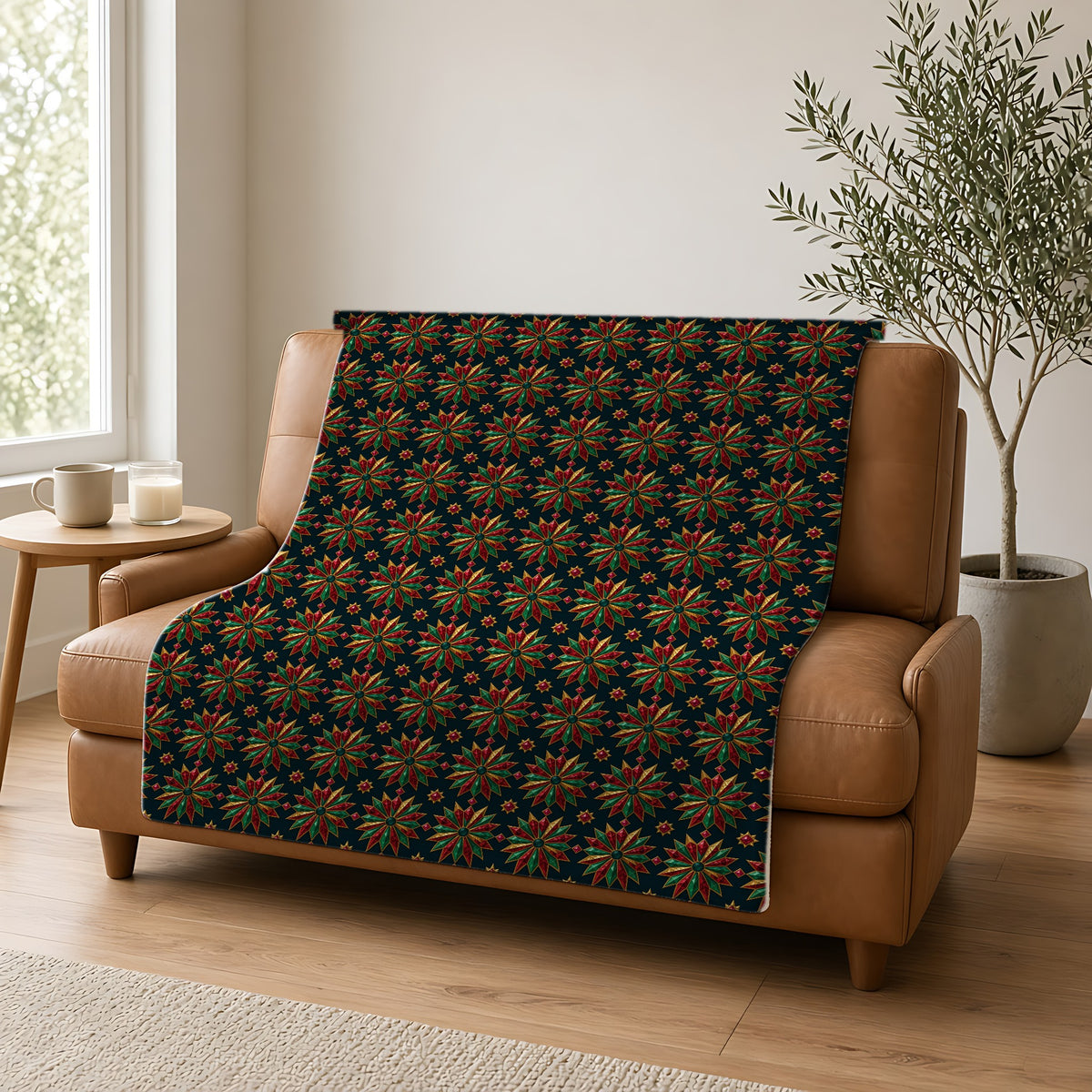 Starburst Medallions Sherpa Fleece Blanket draped over a caramel leather sofa