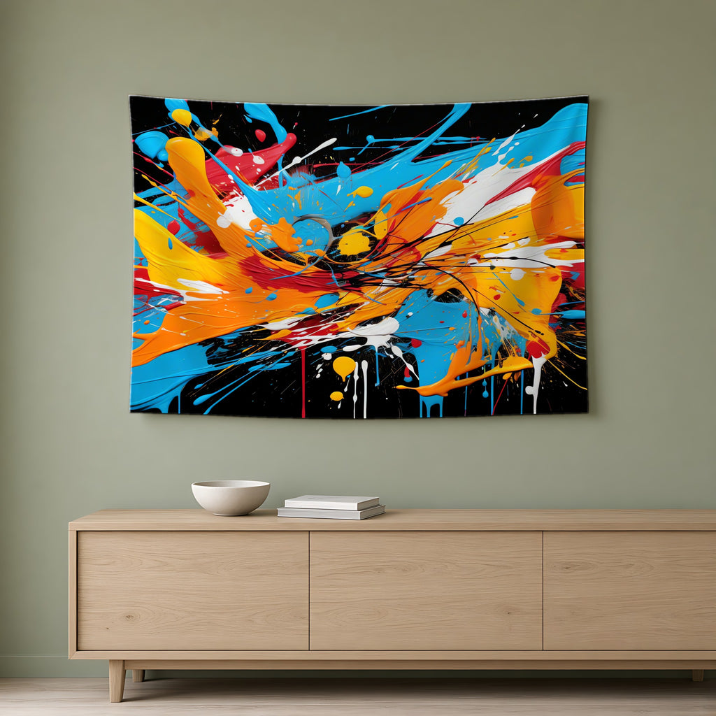 Electric Paint Splash Wall Tapestry hanging on a sage-green wall above an oak sideboard
