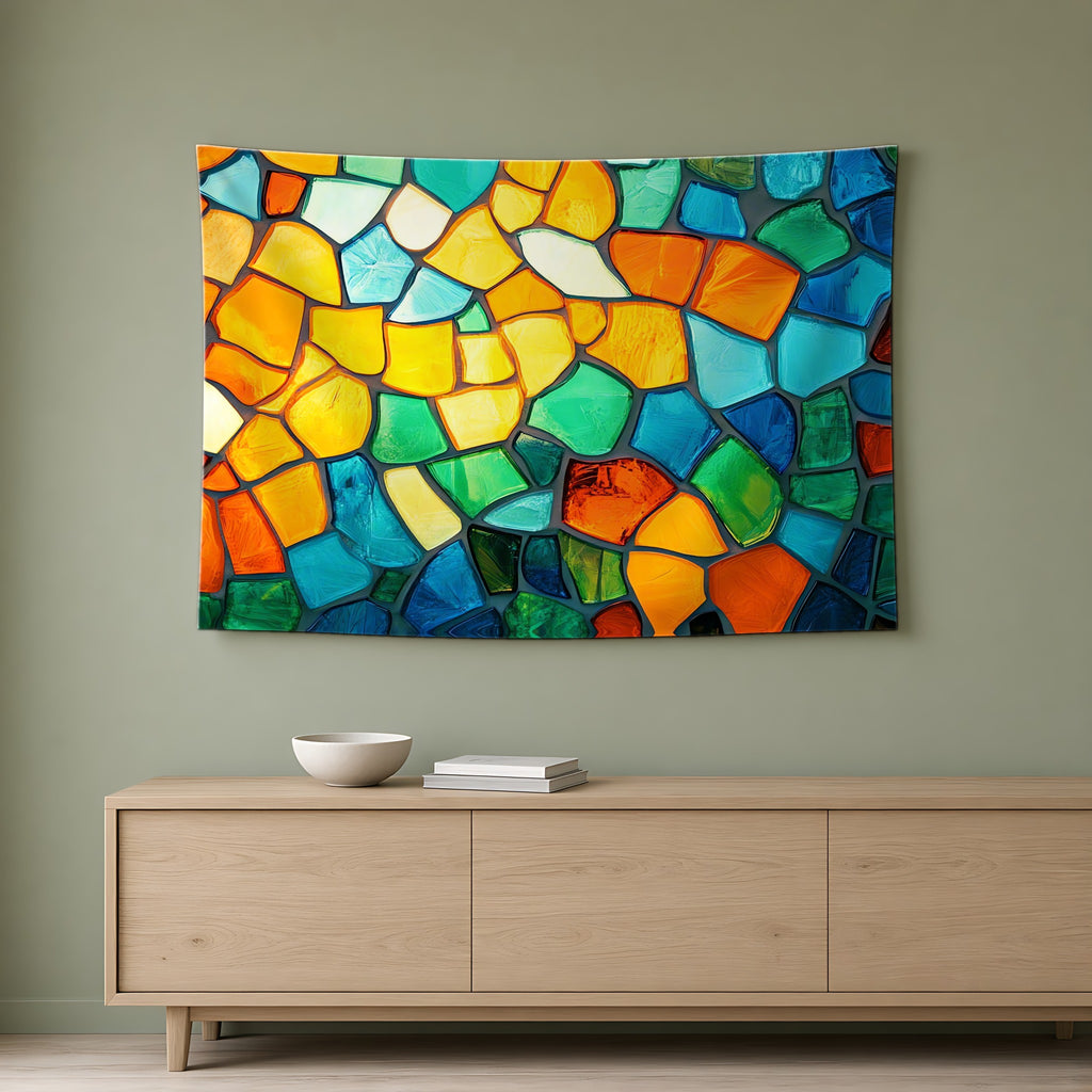 Jewel Mosaic Glass Wall Tapestry hanging on a sage-green wall above an oak sideboard