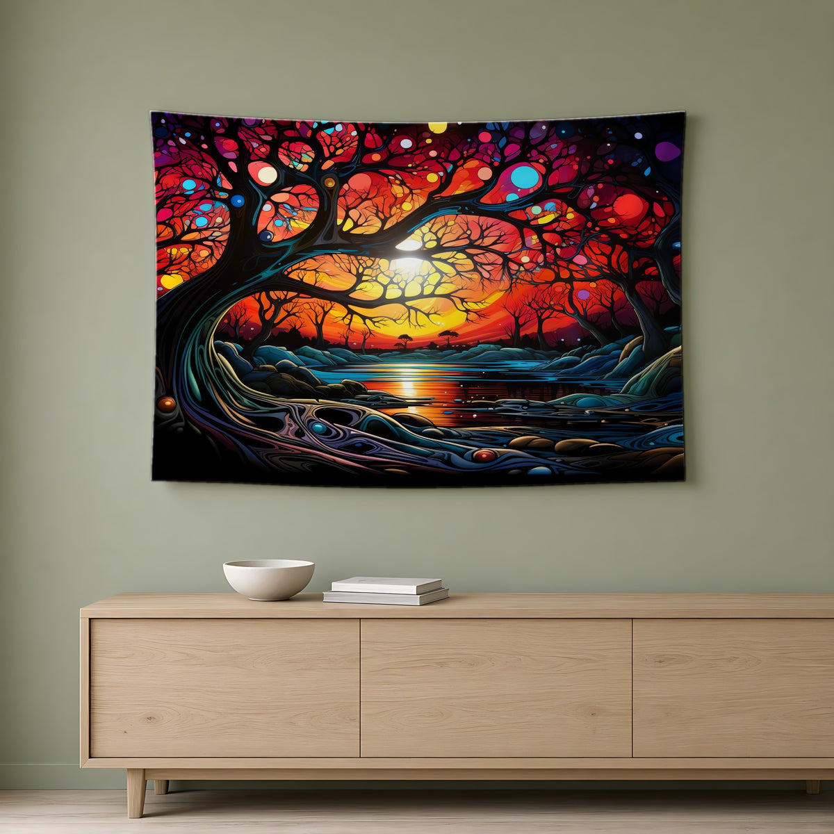 Sunset Dream Tree Wall Tapestry hanging on a sage-green wall above an oak sideboard