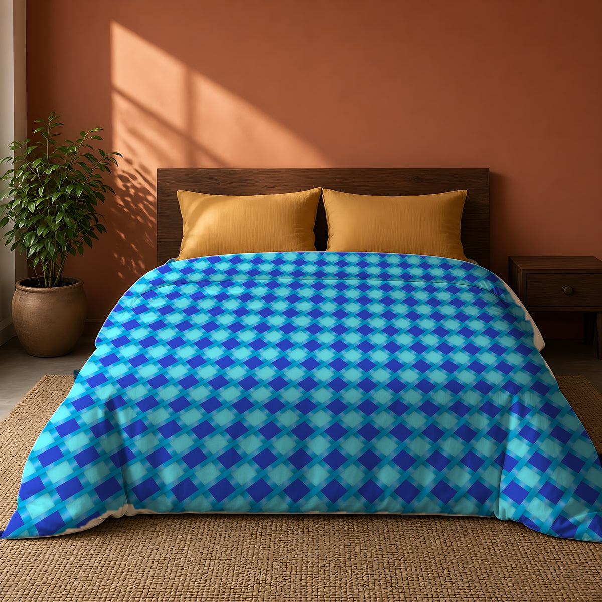 Broad Diamond Trellis Cotton Duvet Cover on a king bed against a warm terracotta wall