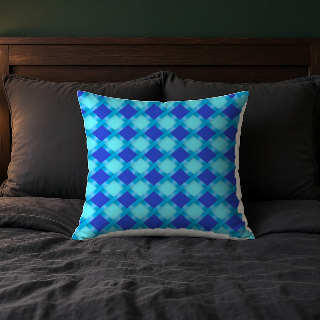 Broad Diamond Trellis Faux Suede Cushion on a bed with charcoal bedding