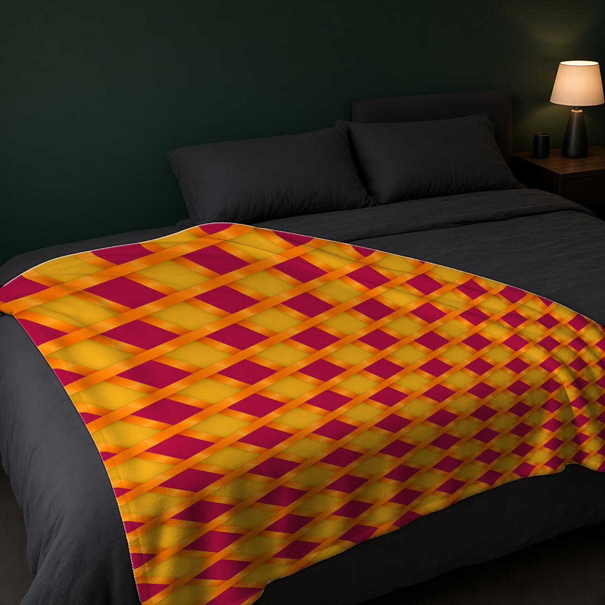 Broad Gold Diamond Trellis Sherpa Fleece Blanket across the foot of a dark bed