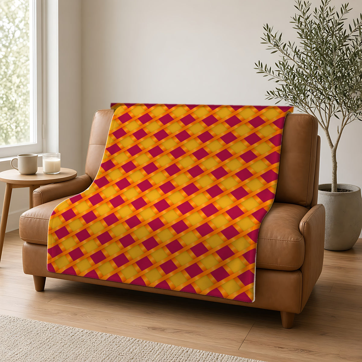 Broad Gold Diamond Trellis Sherpa Fleece Blanket draped over a caramel leather sofa