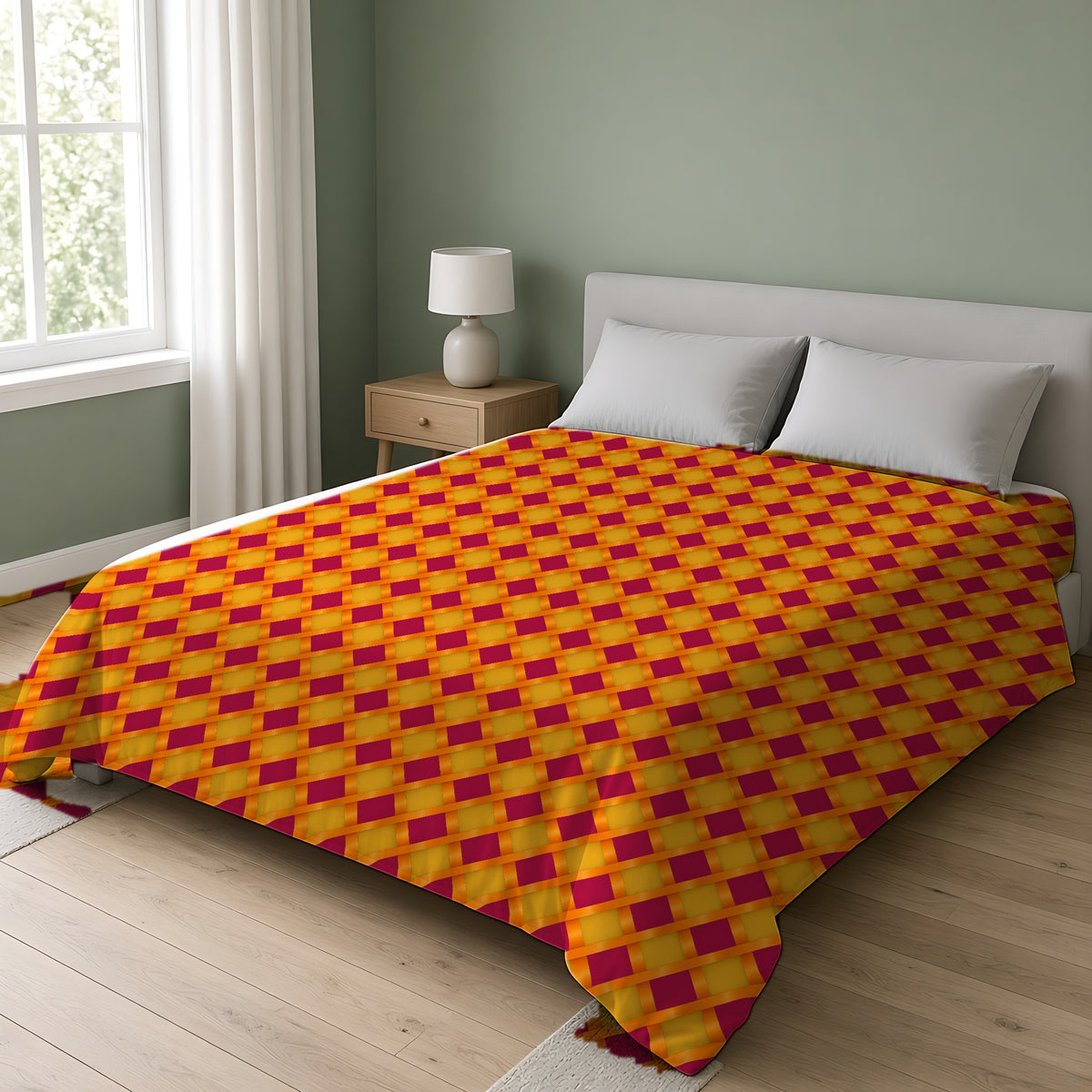Broad Gold Diamond Trellis Cotton Duvet Cover on a double bed in a bright sage-green bedroom