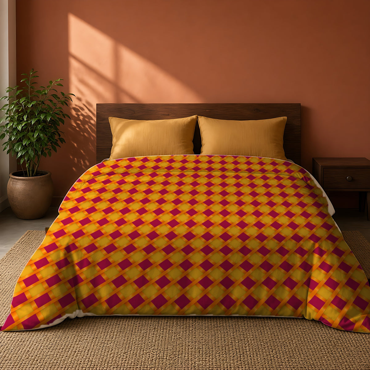 Broad Gold Diamond Trellis Cotton Duvet Cover on a king bed against a warm terracotta wall