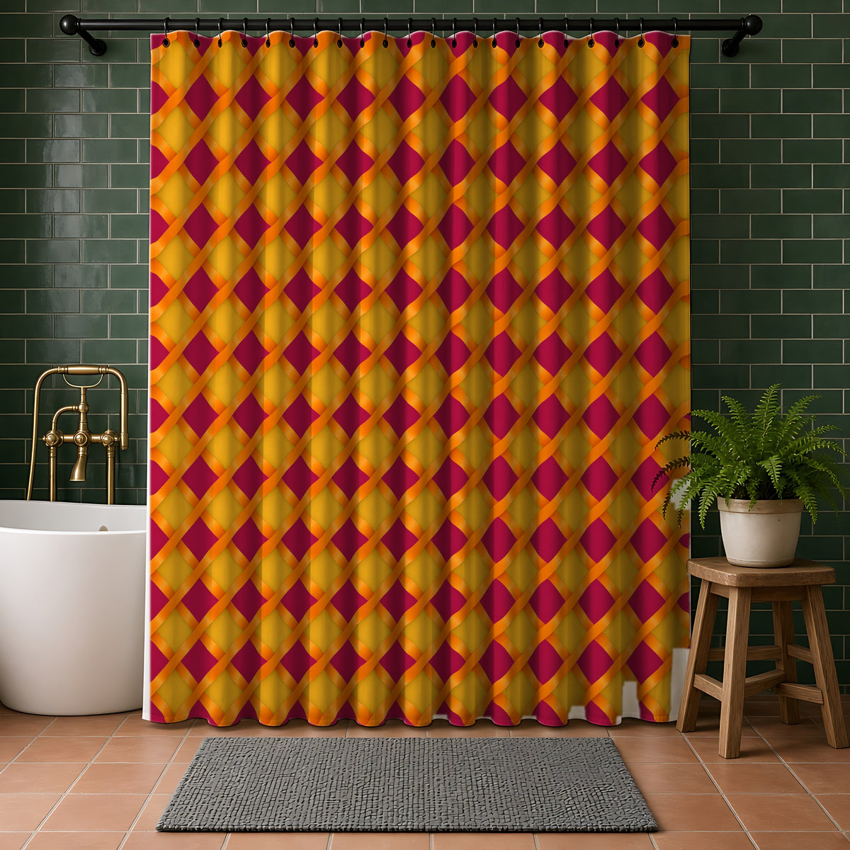 Broad Gold Diamond Trellis Shower Curtain in a bathroom with dark green tiles