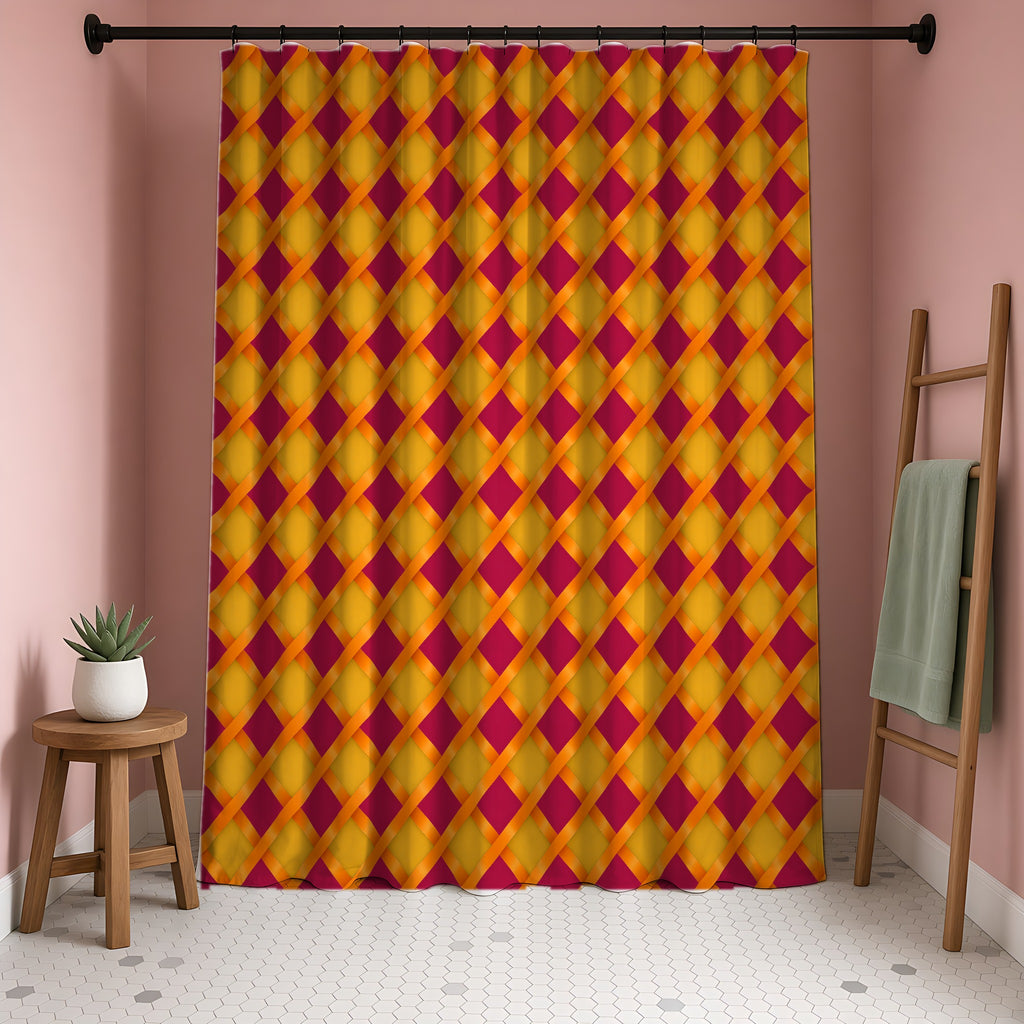 Broad Gold Diamond Trellis Shower Curtain in a blush-pink bathroom