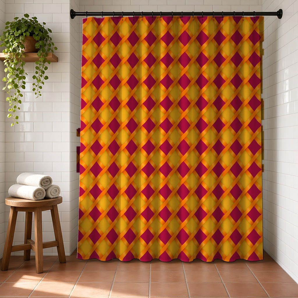 Broad Gold Diamond Trellis Shower Curtain in a bright bathroom with white tiles and a terracotta floor