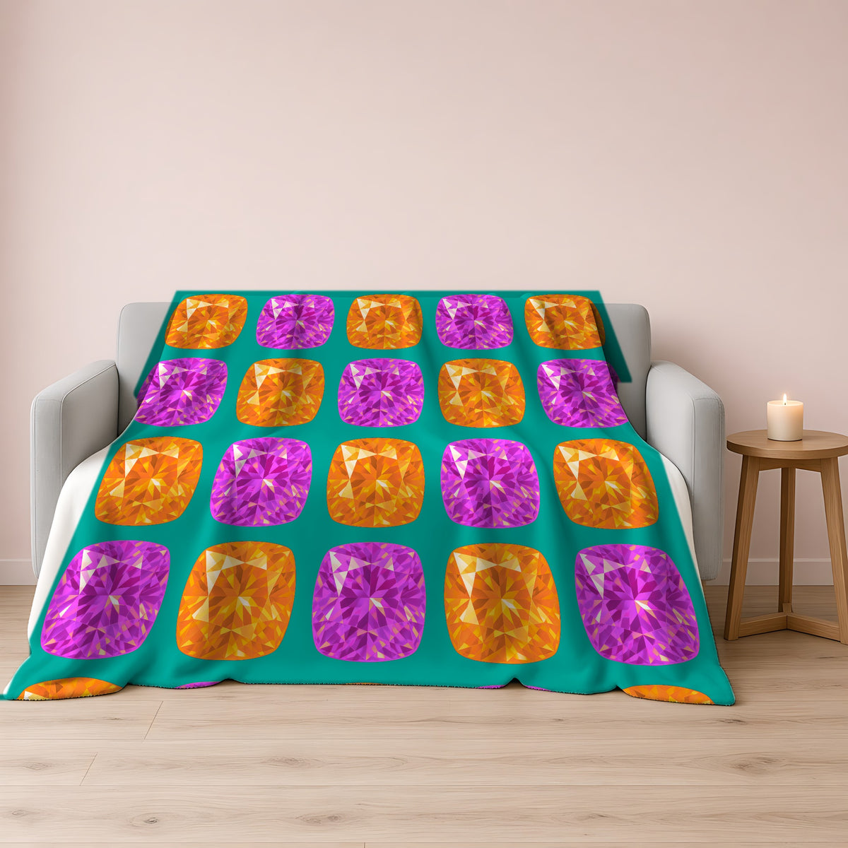 Giant Cut Gem Grid Sherpa Fleece Blanket draped over a grey sofa