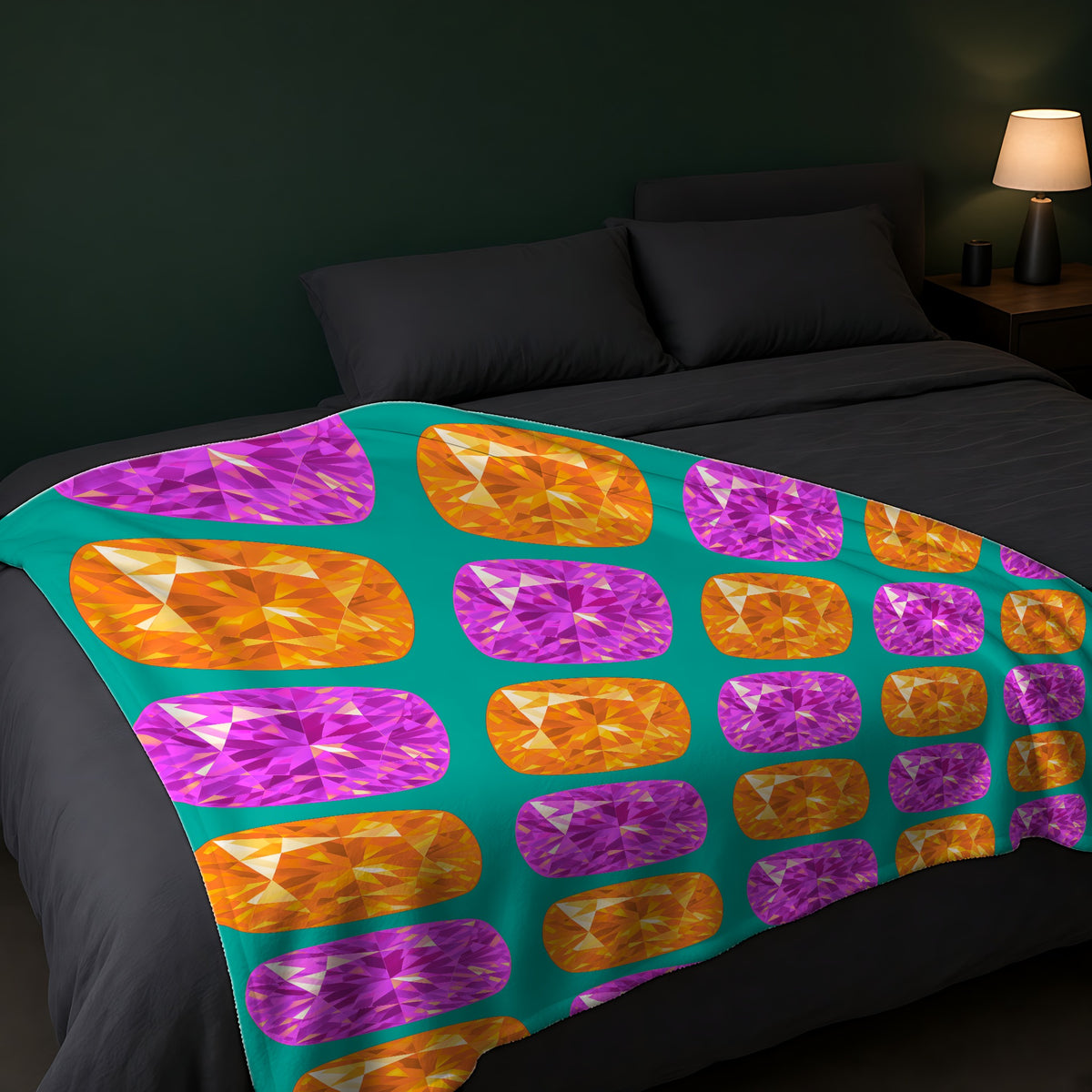 Giant Cut Gem Grid Sherpa Fleece Blanket across the foot of a dark bed