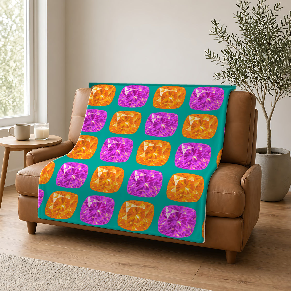 Giant Cut Gem Grid Sherpa Fleece Blanket draped over a caramel leather sofa