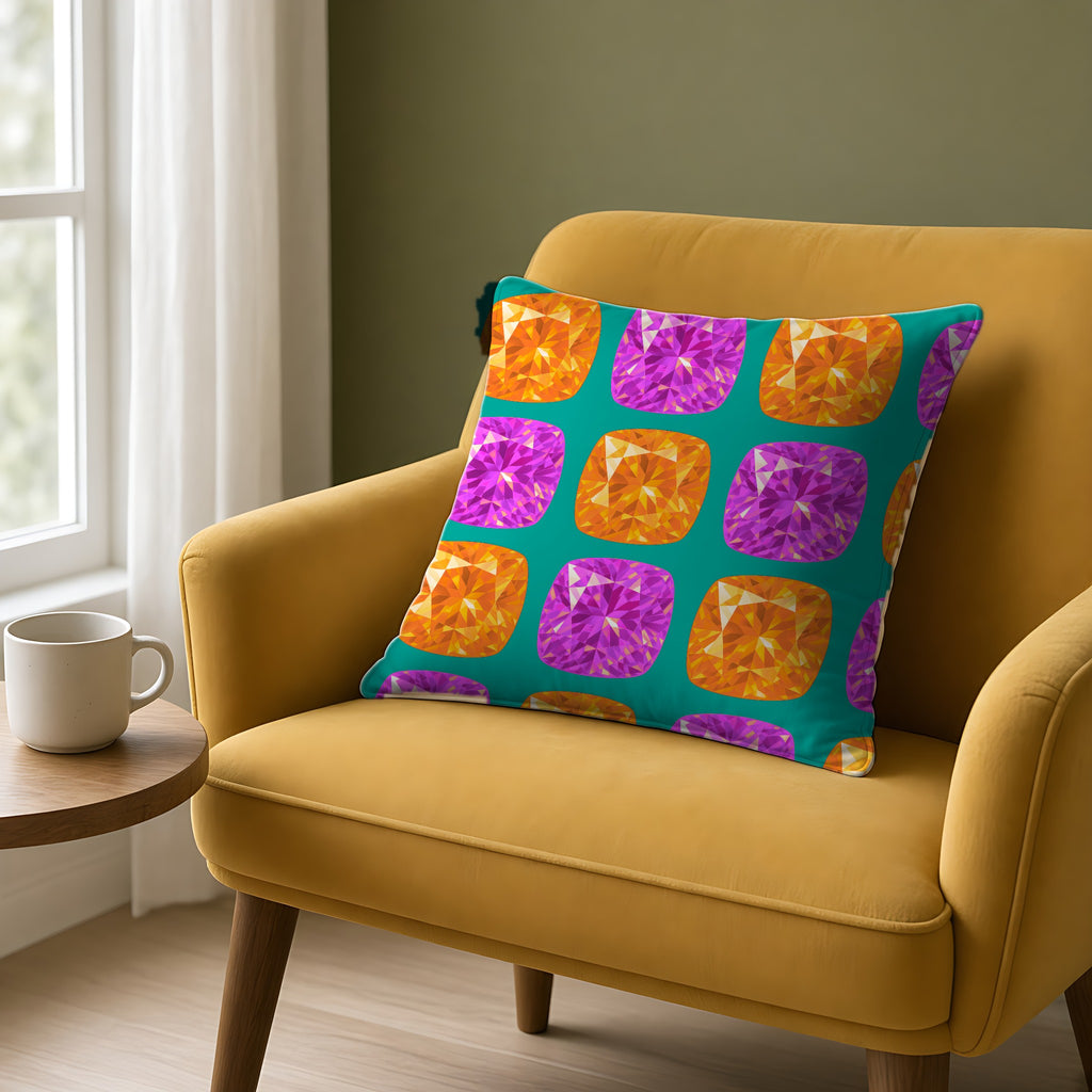 Giant Cut Gem Grid Faux Suede Cushion on a mustard armchair by a window