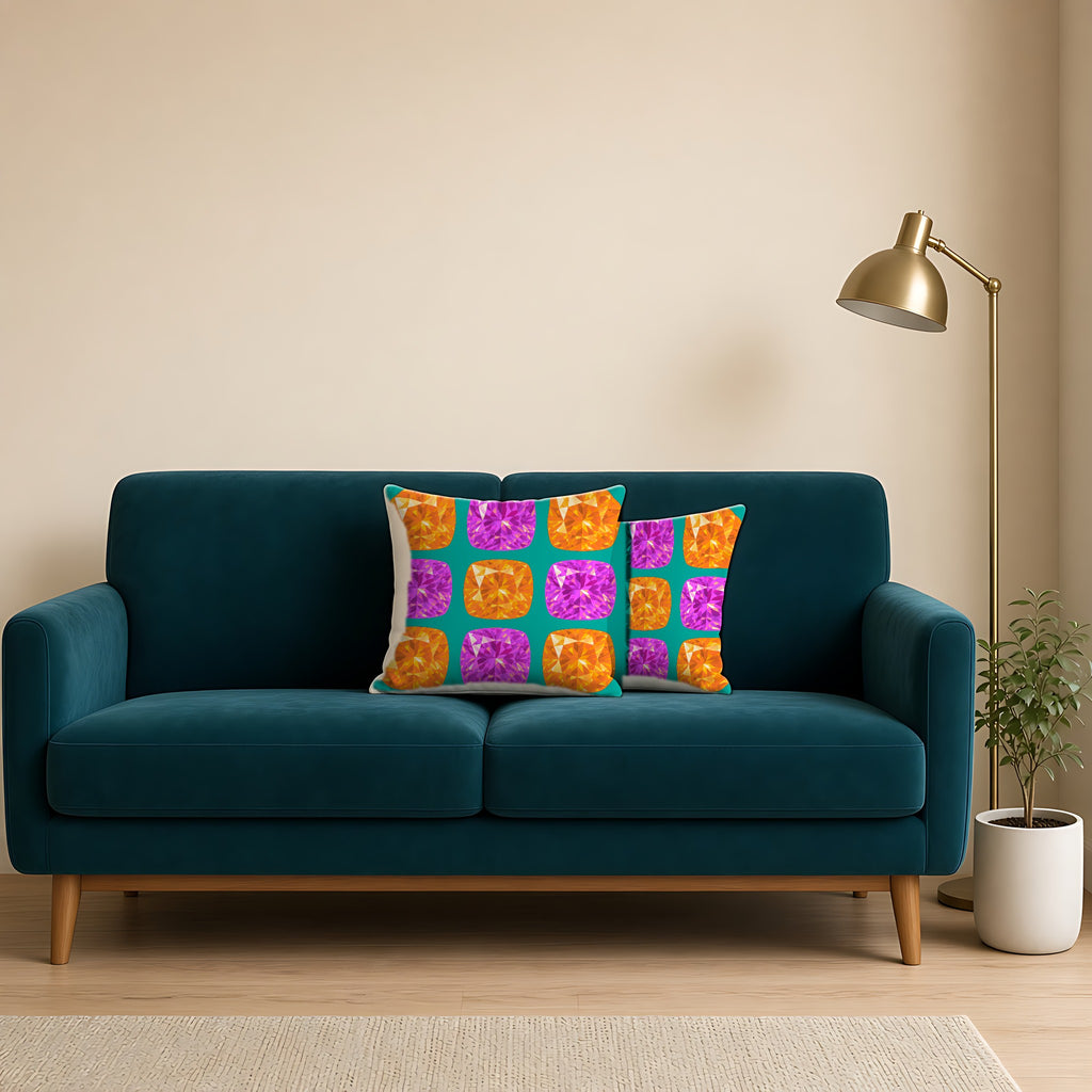 Giant Cut Gem Grid Faux Suede Cushion on a teal velvet sofa