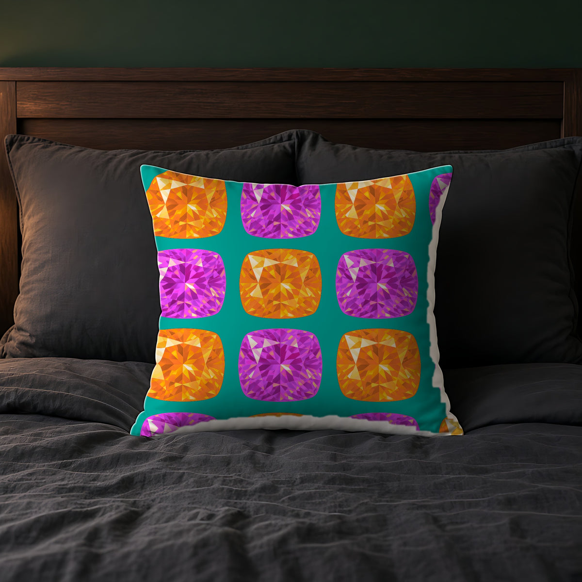 Giant Cut Gem Grid Faux Suede Cushion on a bed with charcoal bedding