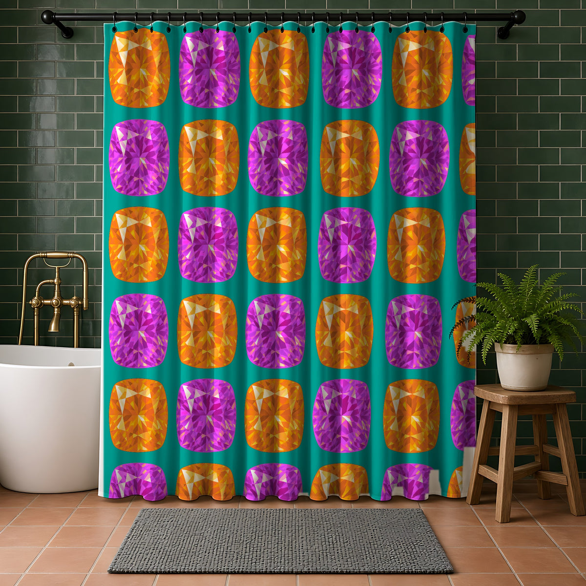 Giant Cut Gem Grid Shower Curtain in a bathroom with dark green tiles