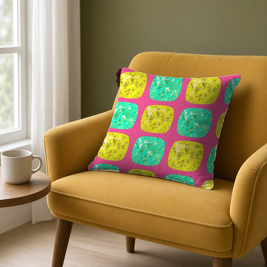 Giant Cut Gem Grid Faux Suede Cushion on a mustard armchair by a window
