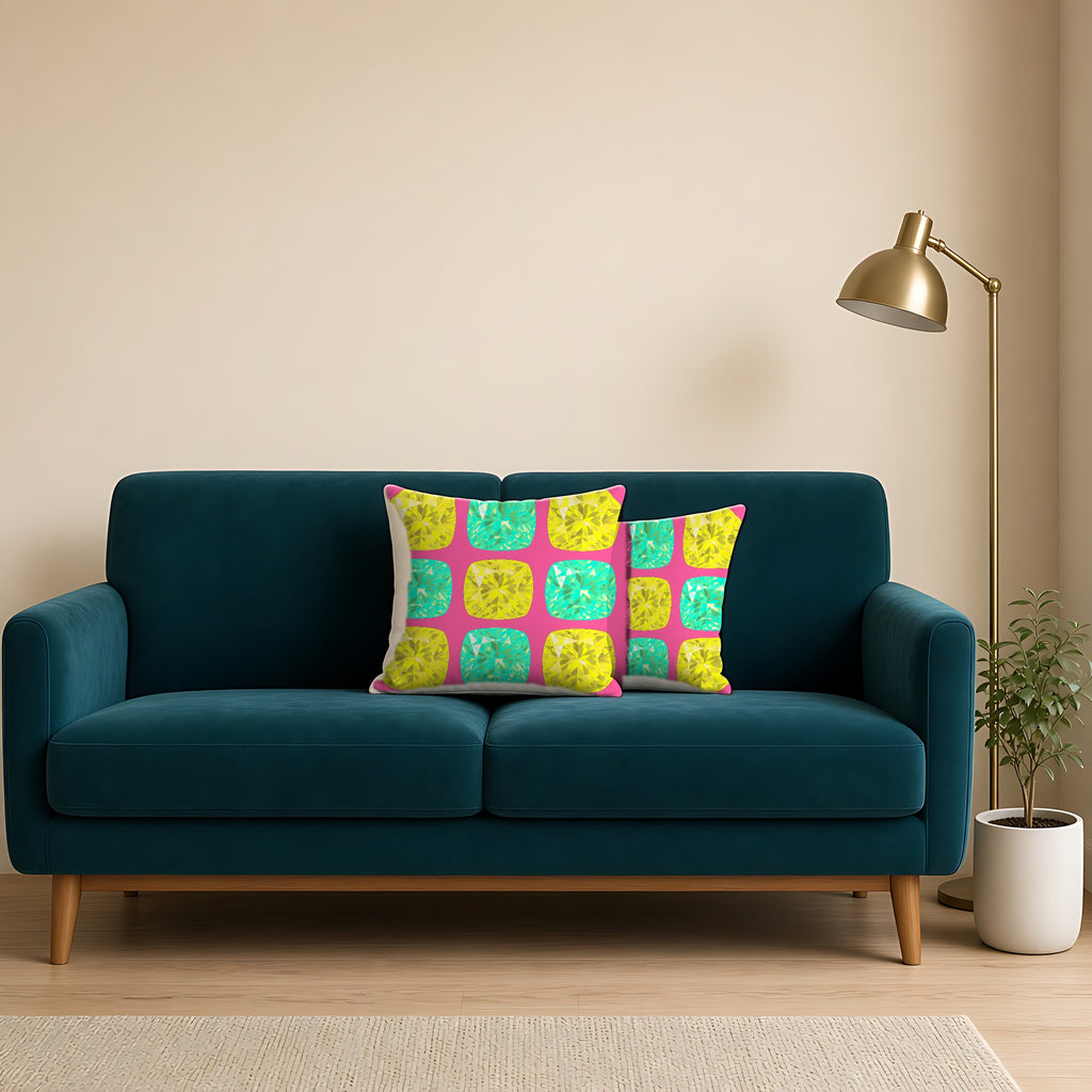 Giant Cut Gem Grid Faux Suede Cushion on a teal velvet sofa