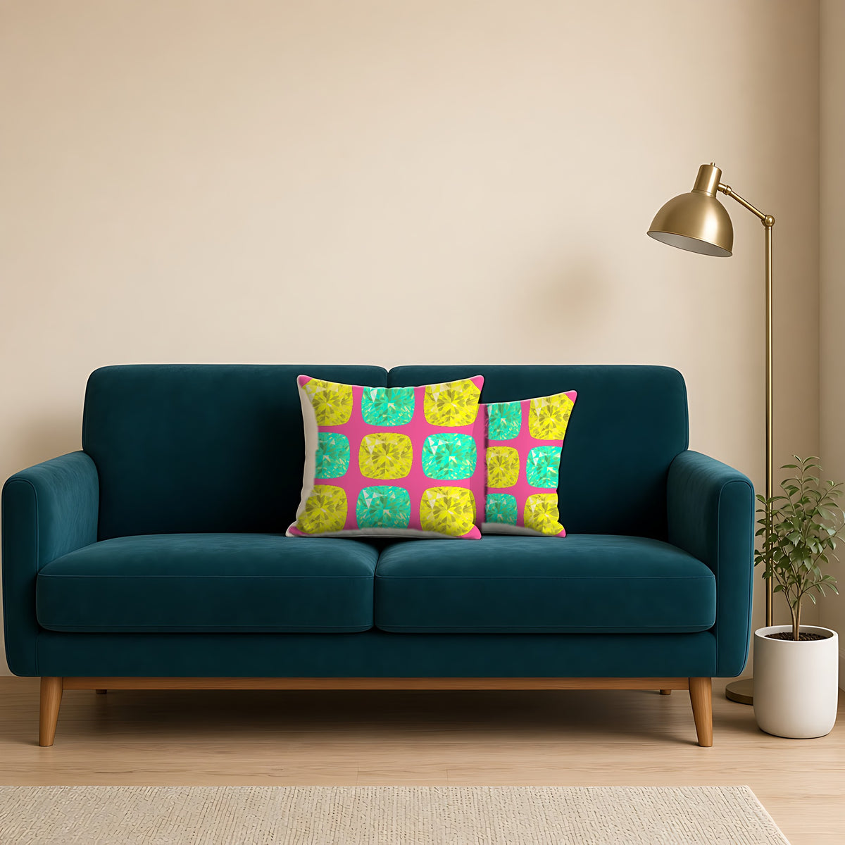 Giant Cut Gem Grid Faux Suede Cushion on a teal velvet sofa