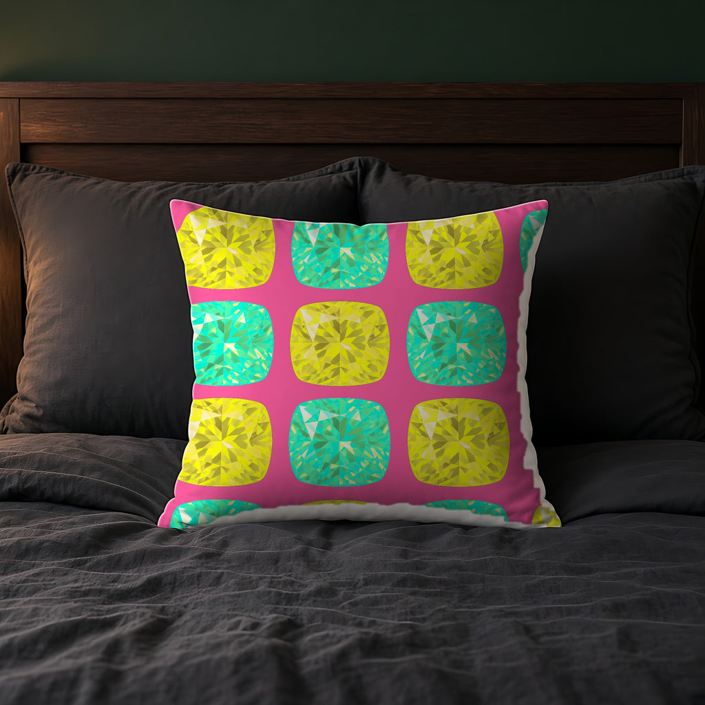 Giant Cut Gem Grid Faux Suede Cushion on a bed with charcoal bedding