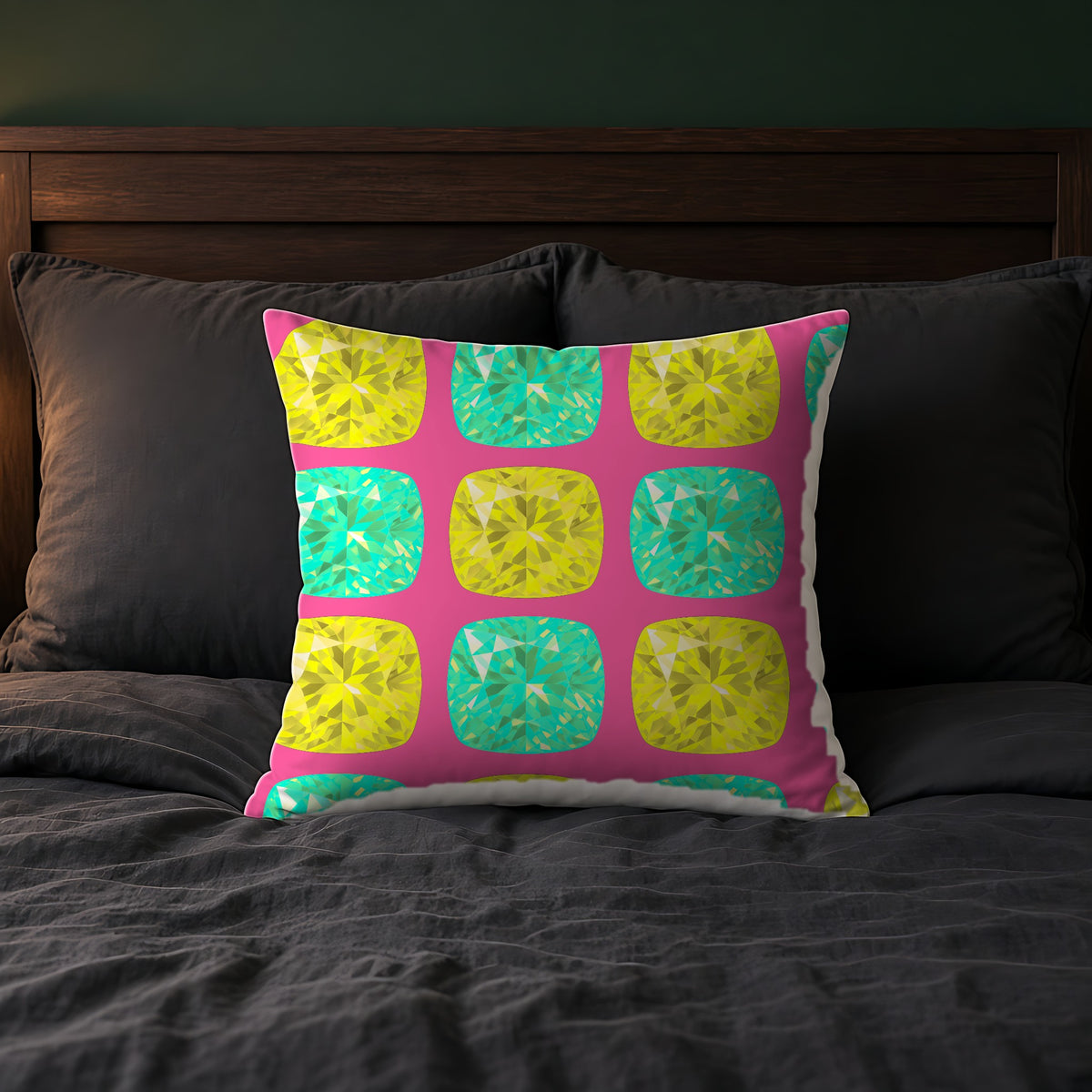 Giant Cut Gem Grid Faux Suede Cushion on a bed with charcoal bedding